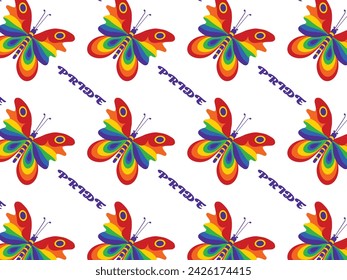 Seamless pattern of Rainbow Butterfly and Pride lettering.A symbol of the LGBT community.