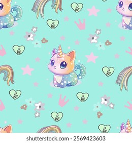 Seamless Pattern with Rainbow Cats and Unicorns. Cute Pastel Unicorn Cats and Melting Rainbows. Adorable Kawaii Caticorns with Stars and Rainbows