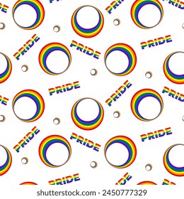 Seamless pattern with Rainbow Circles and the word "Pride" on a transparent background. Pride month wrapper. Abstract Backdrop for Pride month. Vector illustration.