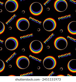 Seamless pattern with Rainbow Circles and the word "Pride" on a black background. Pride month wrapper. Abstract Backdrop for Pride month. Vector illustration.