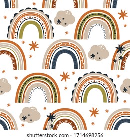 seamless pattern with rainbow, cloud and star on white background - vector illustration, eps