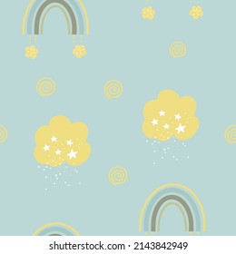 Seamless pattern with rainbow and cloud, yellow, turquoise.