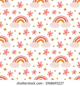 Seamless pattern with rainbow and clouds, with daisies, stars, in Retro style. It can be used for packaging, wrapping paper, textile, home decor, for scrapbooking.