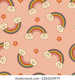 Seamless pattern with rainbow, clouds and daisies in retro 70s style. Print for children.  Vector illustration.