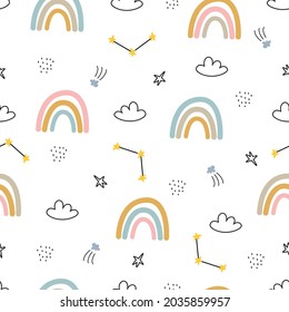 seamless pattern rainbow and clouds design drawn with hand in cartoon style used for prints,baby products backgrounds,gift wrapping,kids clothing,textiles vector illustration