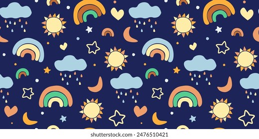 Seamless pattern with rainbow, clouds, heart, stars and moon. Baby dreamy print. Vector graphics.