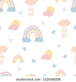 Seamless pattern with rainbow, clouds for kids. Pattern in hand drawn style for poster, fabric, wallpaper, textile, wrapping paper. Vector illustration