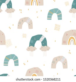 Seamless pattern with rainbow, clouds for kids. Pattern in hand drawn style for poster, fabric, wallpaper, textile, wrapping paper. Vector illustration