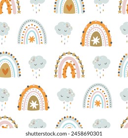 Seamless pattern with rainbow, clouds and stars. Cute children's drawing. Vector illustration