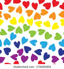 Seamless pattern with rainbow color hearts on white background. Vector design for textile, backgrounds, clothes, wrapping paper, web sites and wallpaper. Fashion illustration seamless pattern.