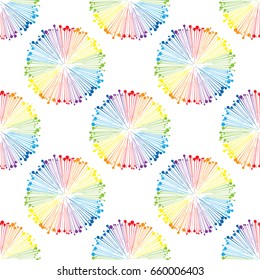 Seamless pattern with rainbow color radiant fireworks. Vector illustration for fabric, cards, invitations, wrapping paper, stationery and web backgrounds.