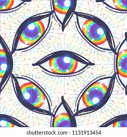 Seamless pattern with rainbow colored eyes. Flag of LGBT community inside eyeball. Vector illustration for textiles, fashion, prints, wallpapers, backgrounds.