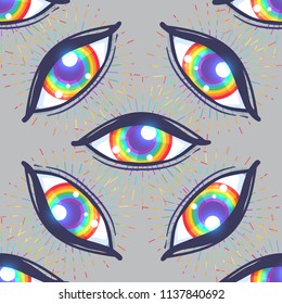 Seamless pattern with rainbow colored eyes. Flag of LGBT community inside eyeball. Vector illustration for textiles, fashion, prints, wallpapers, backgrounds.