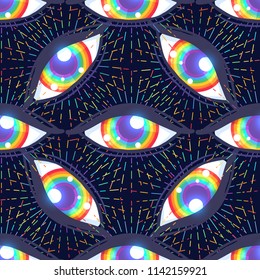 Patrón sin inconvenientes con ojos de color arco iris. Bandera de la comunidad LGBT dentro del globo ocular. Ilustración vectorial para textiles, moda, estampados, tapicerías y fondos.