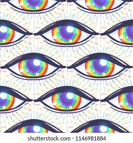 Seamless pattern with rainbow colored eyes. Flag of LGBT community inside eyeball. Vector illustration for textiles, fashion, prints, wallpapers, backgrounds.