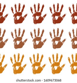 Seamless pattern with rainbow colored family hand prints on white background.  Vector illustration. Multicolor backdrop for your design.