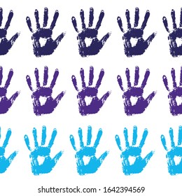 Seamless pattern with rainbow colored family hand prints on white background.  Vector illustration. Colored hand prints on white background.