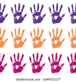 Seamless pattern with rainbow colored family hand prints on white background 