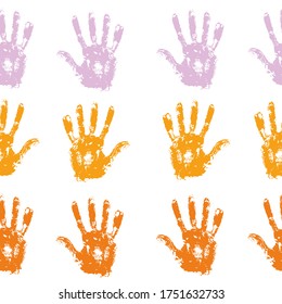 Seamless pattern with rainbow colored family hand prints on white background.  Endless pattern with multiply effect. Multicolor backdrop for your design.