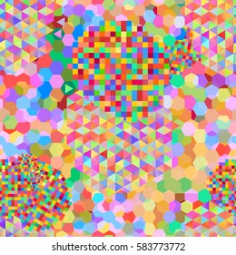 Seamless pattern with rainbow colored glitch styled bright shapes