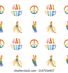 Seamless pattern with rainbow colored groovy word love in heart shape. Retro 60s 70s background with LGBT symbols. Contemporary minimalist design for LGBTQ pride month and gay parade. Vector.