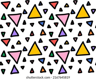 Seamless pattern with rainbow coloured triangles on white background. Funny festive vector illustration in style of comics and hand-drawing. Colorful doodle figures. Abstract geometric backdrop