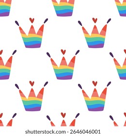 Seamless pattern with rainbow crowns. Colourful LGBTQ+ pride design symbolizing love, royalty, diversity. Playful background for fabric, wrapping paper, digital decoration.