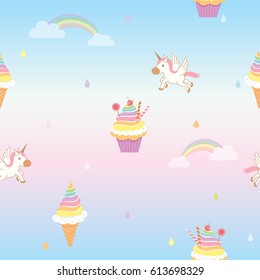 Seamless pattern of rainbow cupcake and ice-cream decorated with unicorn and raining creamy background.