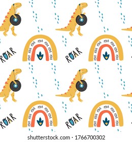 Seamless pattern of rainbow and dinosaur tyrannosaurus rex with a music record. Colorful seamless texture for kids. Swatch of cartoon background. Stock vector illustration on white background.