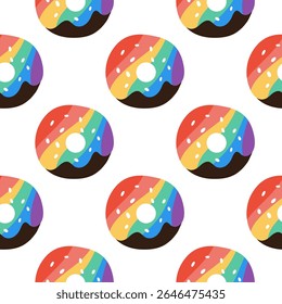 Seamless pattern with rainbow donuts topped with sprinkles. Fun, colourful design representing LGBTQ+ pride, sweetness, celebration. Perfect for fabric, packaging, decoration.