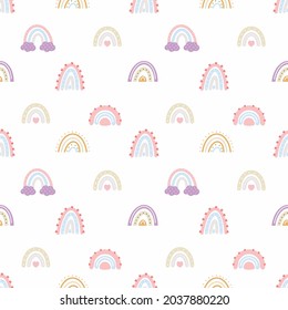Seamless pattern with rainbow in doodle style. Set for decorating children room. Background for sewing baby clothing, printing on fabric and packaging paper.