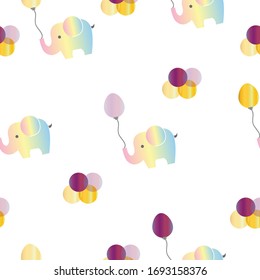 seamless pattern with rainbow elephants and purple balloons vector