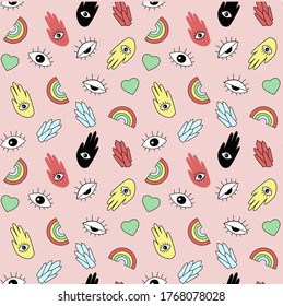 Seamless Pattern With Rainbow, Eyes And Magic Crystals