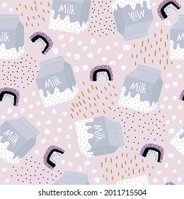 Nahtloses Muster mit Regenbogenfantasiemilch. Kinder pastellfarben bedruckt. Vektorgrafik, handgezeichnet.