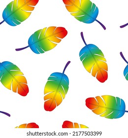 Seamless pattern with rainbow feathers on a white background