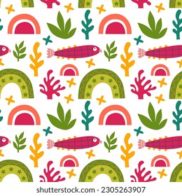 Seamless pattern with rainbow and fishes. Vector background with a birthday theme.