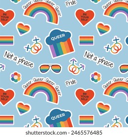 Seamless pattern with rainbow flag elements, gender signs, LGBTQ symbols, slogan and phrases