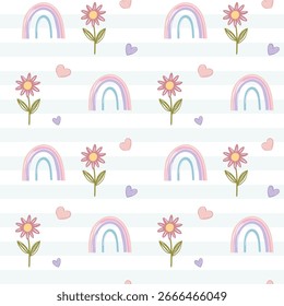 Seamless pattern with rainbow and flowers in kids crayon style. Cute handdrawn colorful floral design. Springtime