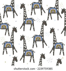 Seamless pattern with rainbow giraffe. Cute childish animal print. Vector hand drawn illustration.