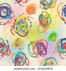 Seamless pattern with rainbow grunge swirled zigzag oval elements on stained backdrop in pastel colors