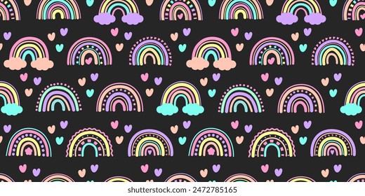 Patrón sin costuras con arco iris. Dibujo a mano arco iris con corazón sobre fondo negro. Patrón con lápices de colores sobre fondo negro. Patrón lindo para la ropa de cama de los niños, Fondo de pantalla, textil, envoltura, tela, impresión