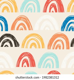 Seamless pattern with rainbow. Hand drawn illustration for kids. Pattern in cartoon style for poster, fabric, wallpaper, textile. Vector