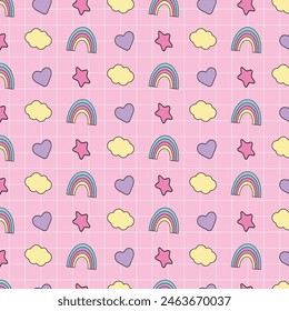seamless pattern of rainbow, heart and star isolated on pink background with white lines. pastel color vector pattern