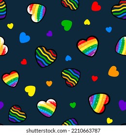 Seamless pattern with rainbow hearts. Colorful hand drawn illustration. LGBT symbol.