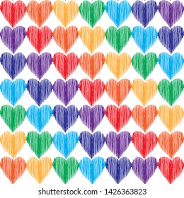 Seamless pattern of rainbow hearts. Hearts are drawn with ink.