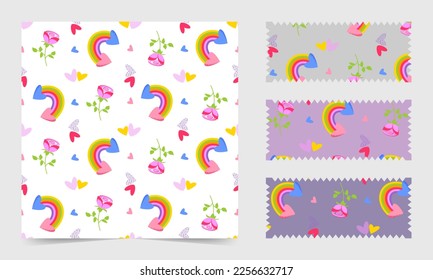 Seamless pattern with rainbow, hearts, flowers. Bright, colorful, isolated, with previews on different backgrounds.