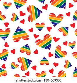 Seamless pattern with rainbow hearts. Gay pride symbol. LGBT community symbol. Design element for fabric, wallpaper or gift wrap.