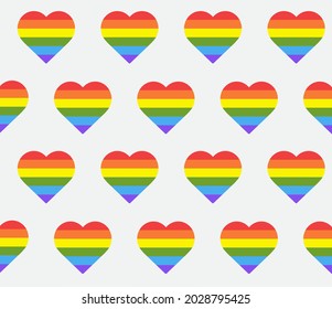 Seamless pattern with rainbow hearts. Heart shape in lgbtq flag on white background. Love is love concept. Vector illustration