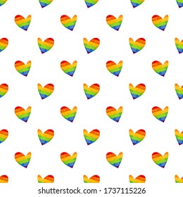Seamless pattern with rainbow hearts. LGBT pride month. Gay rights symbol. Conceptual vector illustration. Grunge style. Design element for fabric, wallpaper, wrapping paper.