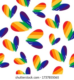 Seamless pattern with rainbow hearts. LGBT pride month. Gay rights symbol. Conceptual vector illustration. Grunge style. Design element for fabric, wallpaper, wrapping paper.